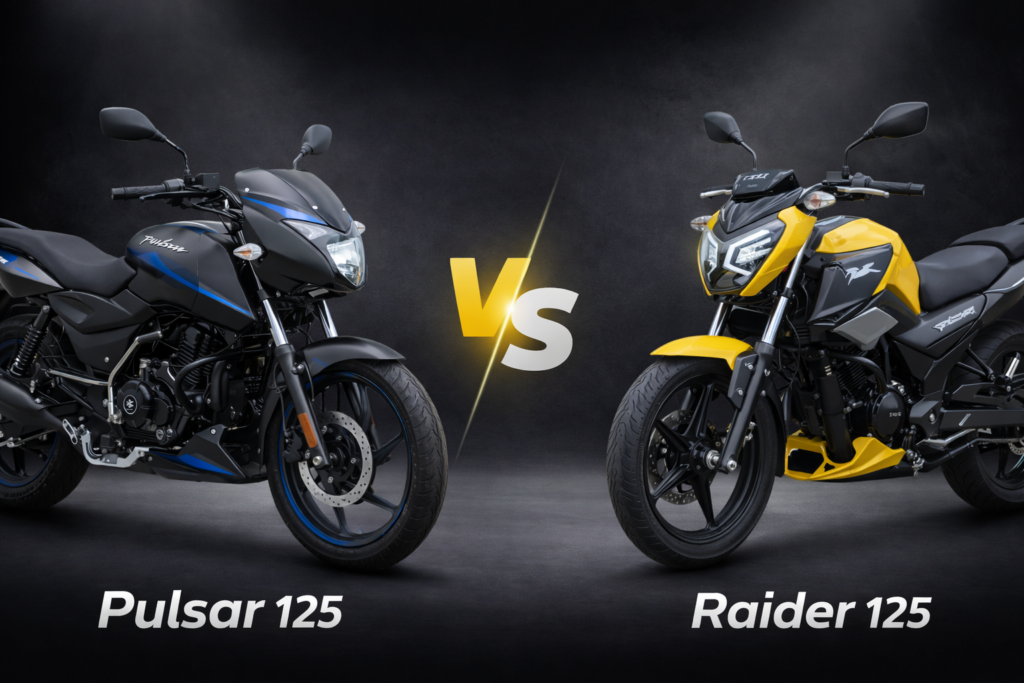 Pulsar 125 vs Raider 125 comparison image with engine specs, power and price